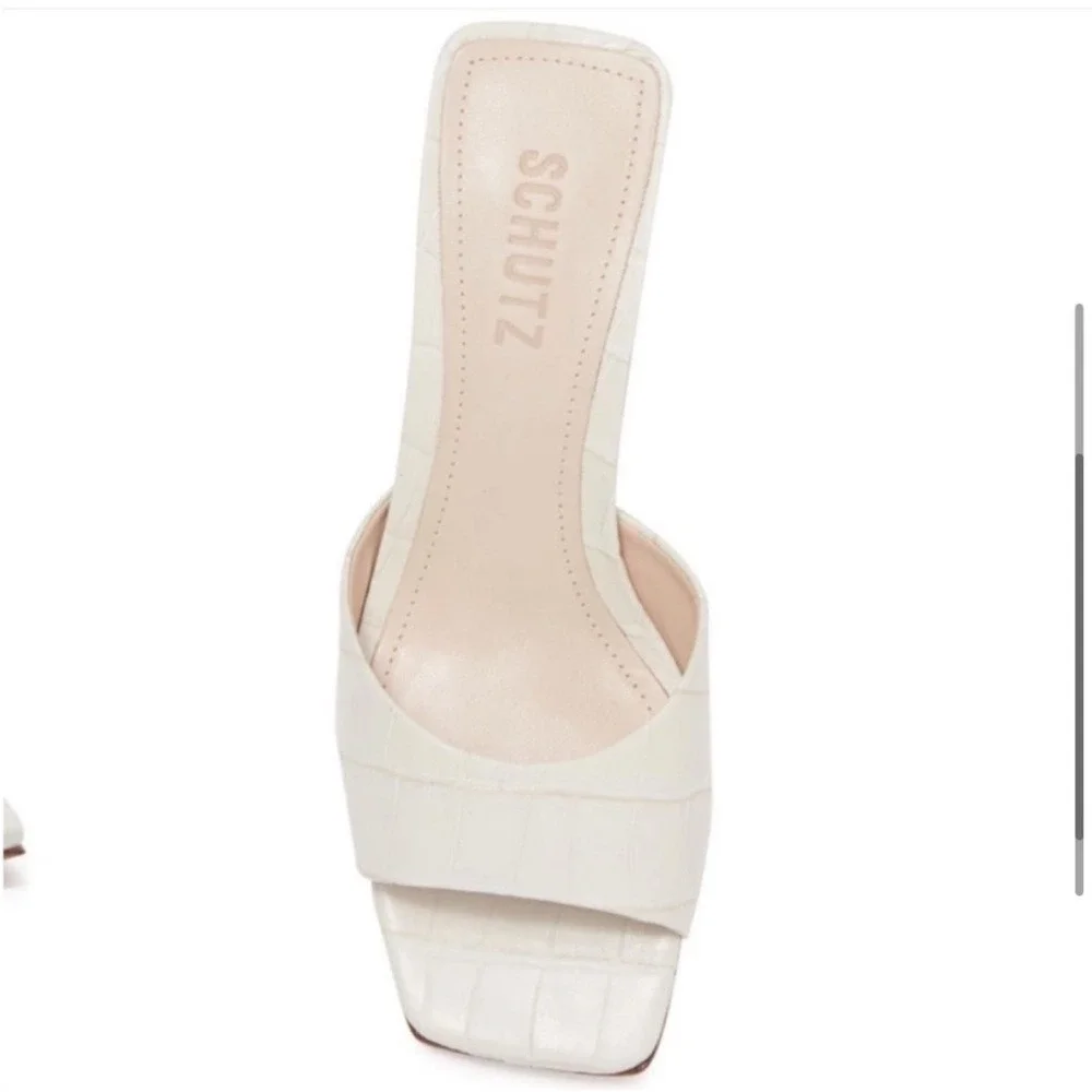 Schutz The Queliana Croc Embossed Mule Block Heel Slip-On Sandal,White, Size 8.5